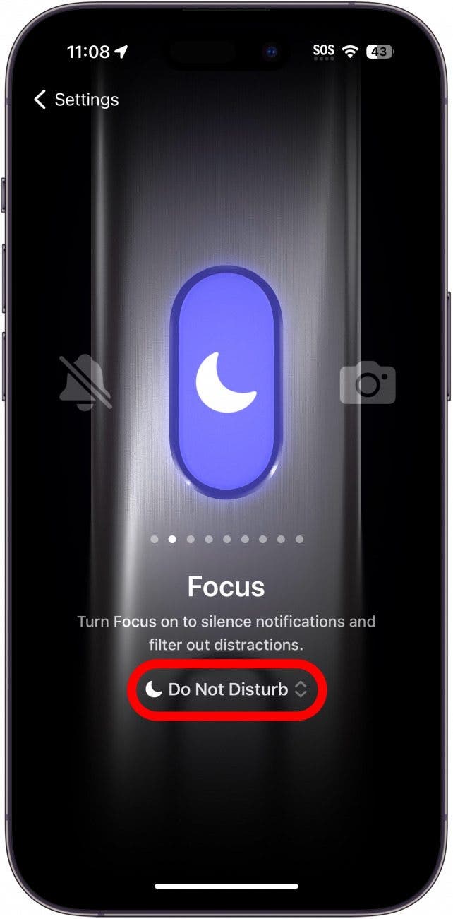 Configuración del botón de acción del iPhone que muestra la configuración de Enfoque con un círculo rojo alrededor de No molestar.