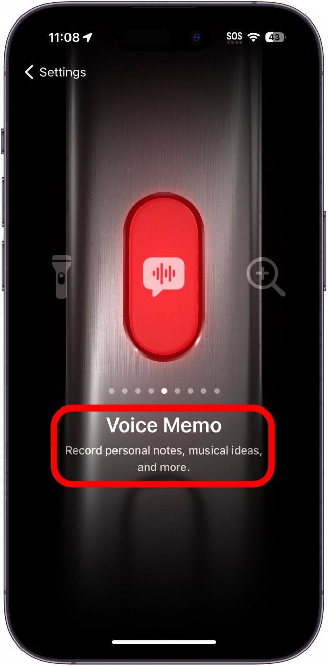 Configuración del botón de acción del iPhone que muestra la configuración de la nota de voz con un círculo rojo alrededor de la descripción.