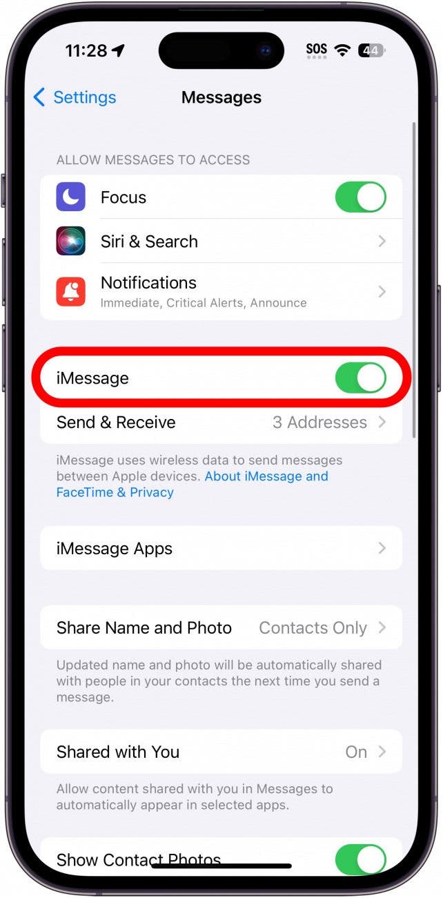Configuración de mensajes de iPhone con alternancia de mensajes en un círculo rojo
