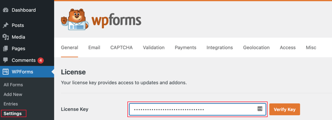 Ingresando la clave de licencia de WPForms