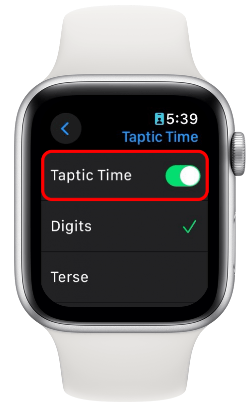 Configuración de tiempo táctil del Apple Watch con alternancia de tiempo táctil en un círculo rojo