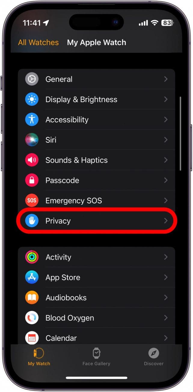 Aplicación Apple Watch con privacidad en un círculo rojo