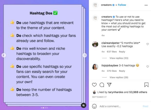 Lista de dos hashtags de la cuenta de Instagram Creators