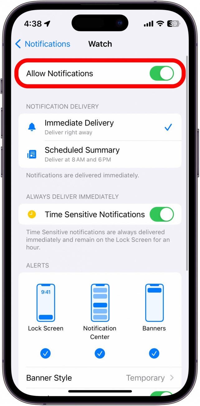 configuración de notificaciones de la aplicación de reloj de iPhone 