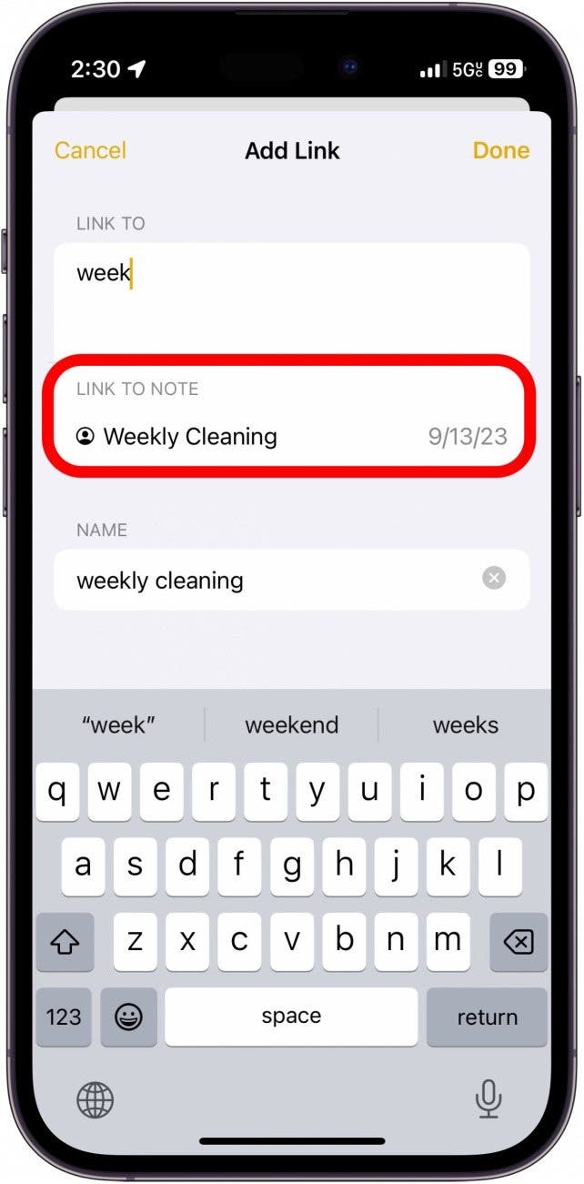 notas de iPhone agregan menú de enlaces con un círculo rojo alrededor de la nota a la que enlazar (titulada limpieza semanal)