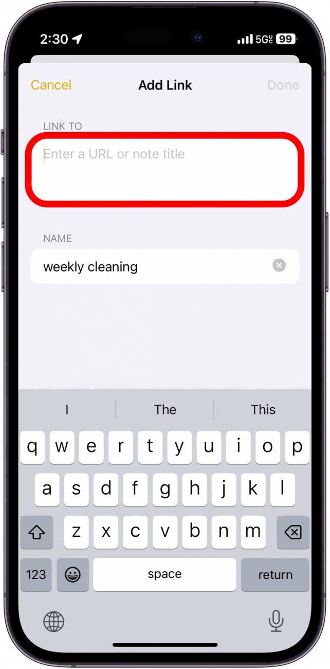 notas de iPhone agregan menú de enlaces con un círculo rojo alrededor del campo de entrada de texto