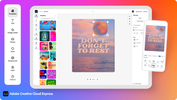 Adobe Creative Cloud Express no olvide descansar la plantilla.  Adobe Creative Cloud ofrece varias herramientas que se pueden utilizar como aplicaciones de edición de Instagram Reels