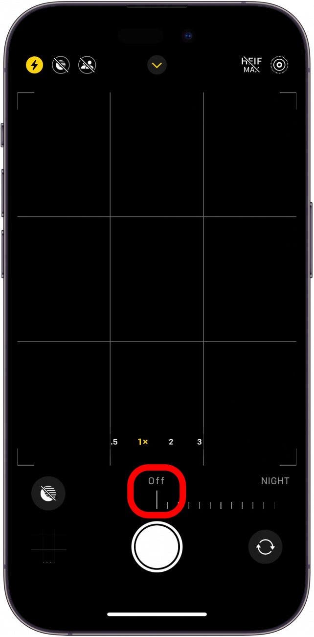 aplicación de cámara de iPhone con lectura deslizante en modo nocturno desactivada