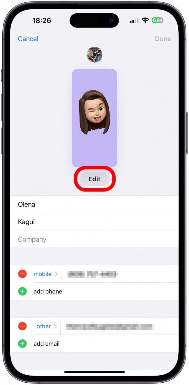 A continuación, toque Editar para personalizar su póster de contacto y su foto de contacto.