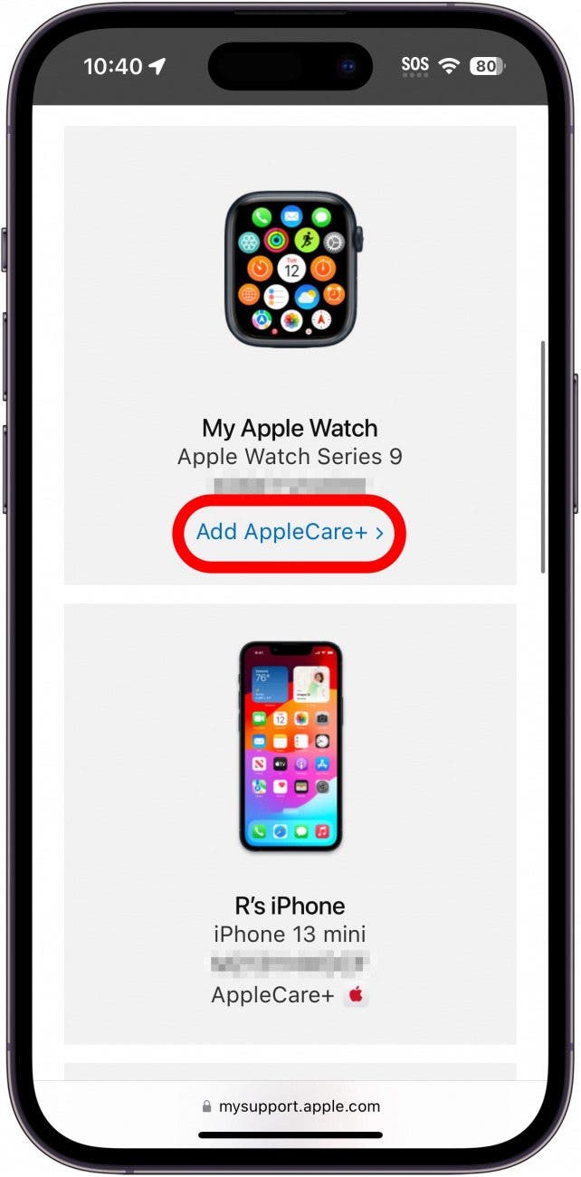 Página web de iPhone Safari mysupport.apple.com que muestra una lista de dispositivos con el icono Agregar Applecare Plus con un círculo rojo