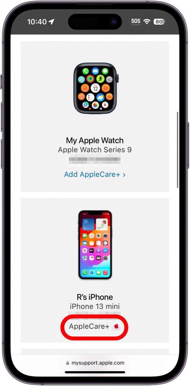 Página web de iPhone Safari mysupport.apple.com que muestra una lista de dispositivos con el ícono de Applecare rodeado en rojo