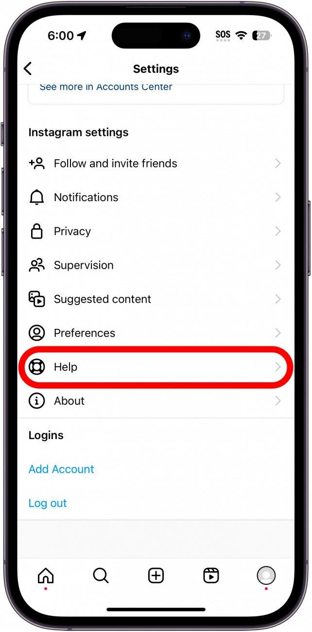 Menú de configuración de Instagram con el botón de ayuda con un círculo rojo