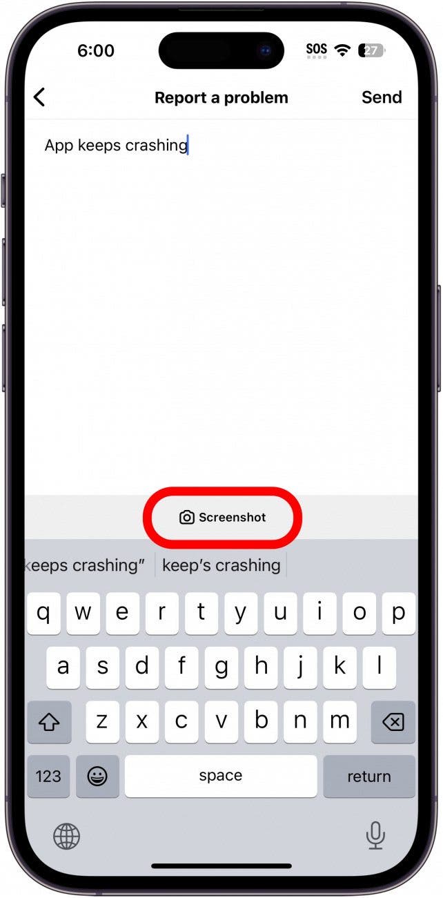Instagram informa una pantalla de problema con el botón de captura de pantalla con un círculo rojo