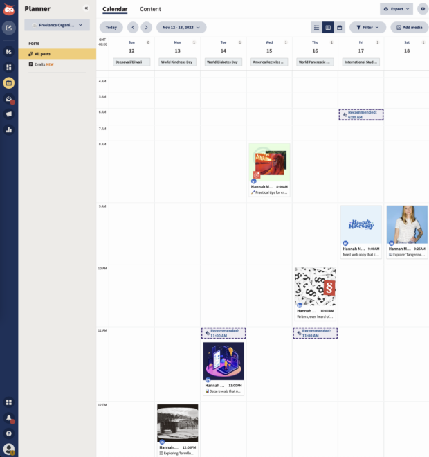 Calendario Themelocal Planner con vista semanal de publicaciones sociales programadas