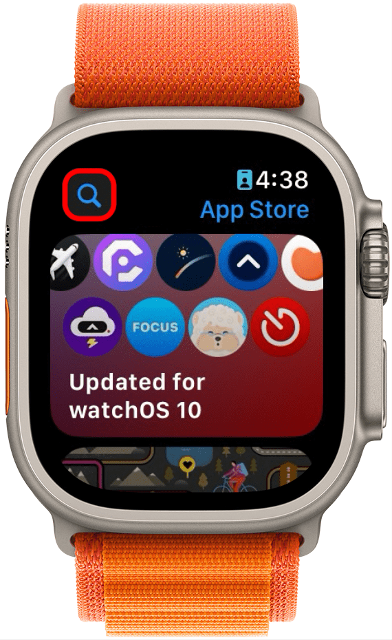 tienda de aplicaciones de Apple Watch con el icono de búsqueda en un círculo rojo
