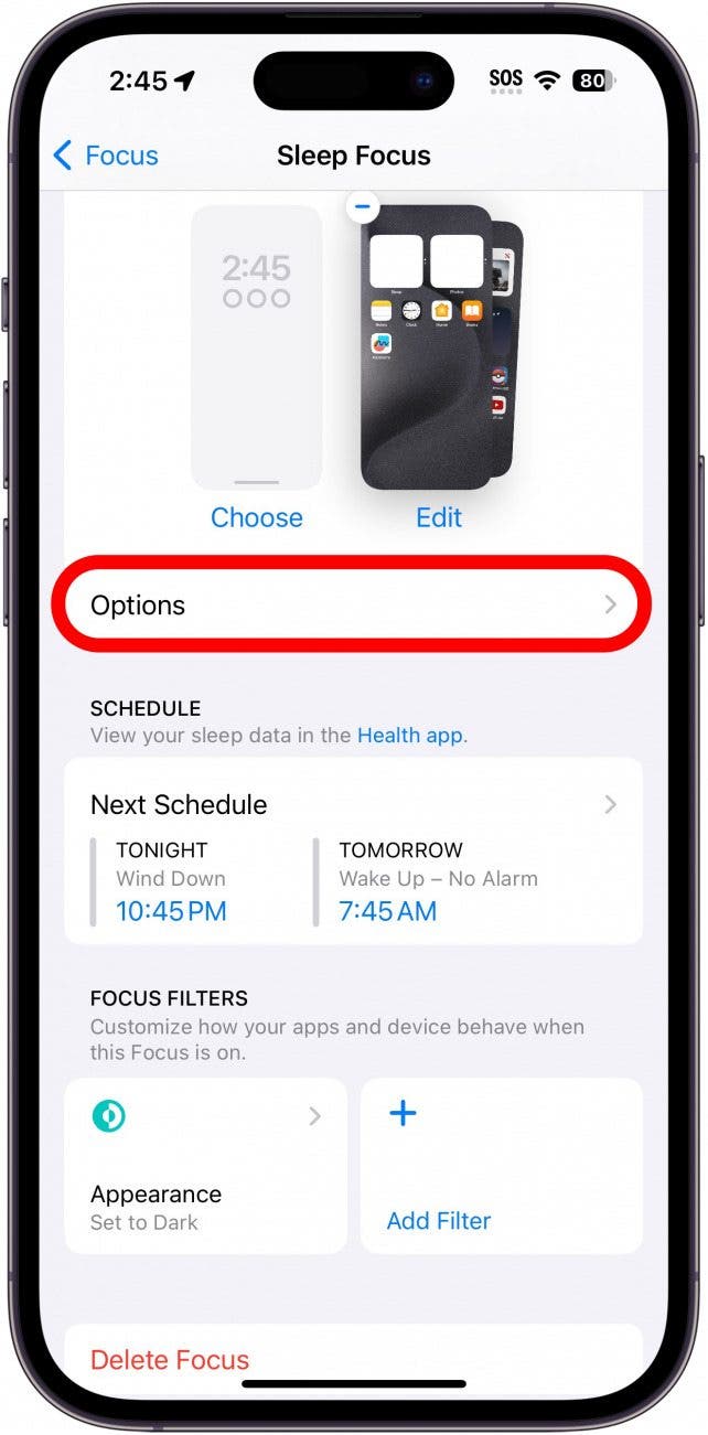 configuración de enfoque de suspensión del iPhone con el botón de opciones con un círculo rojo