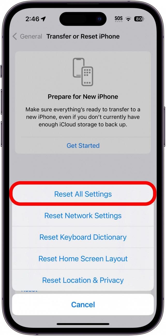 Pantalla de reinicio del iPhone con el botón Restablecer todas las configuraciones con un círculo rojo