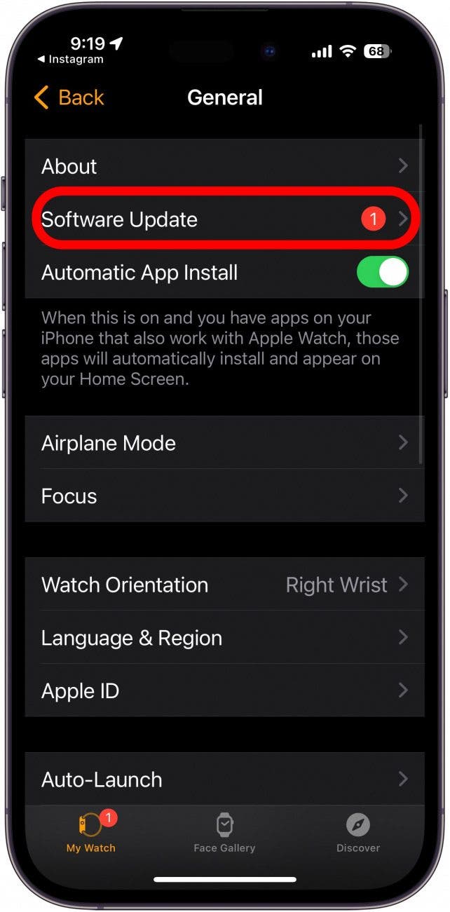 toque actualización de software para actualizar el software del Apple Watch