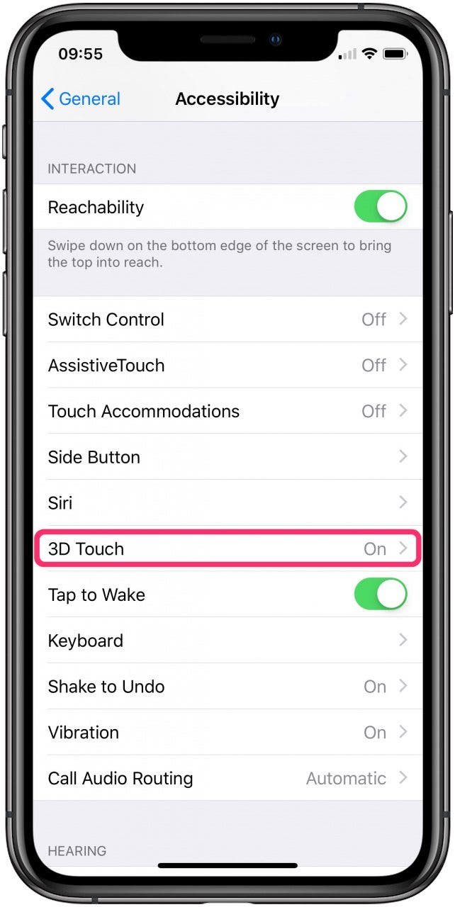 Una imagen de la pantalla de Configuración de accesibilidad del iPhone con la categoría 3D Touch rodeada por un círculo.
