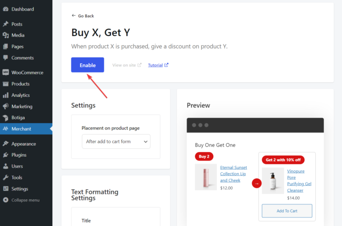 Habilite el módulo Buy X Get Y del complemento Merchant Pro