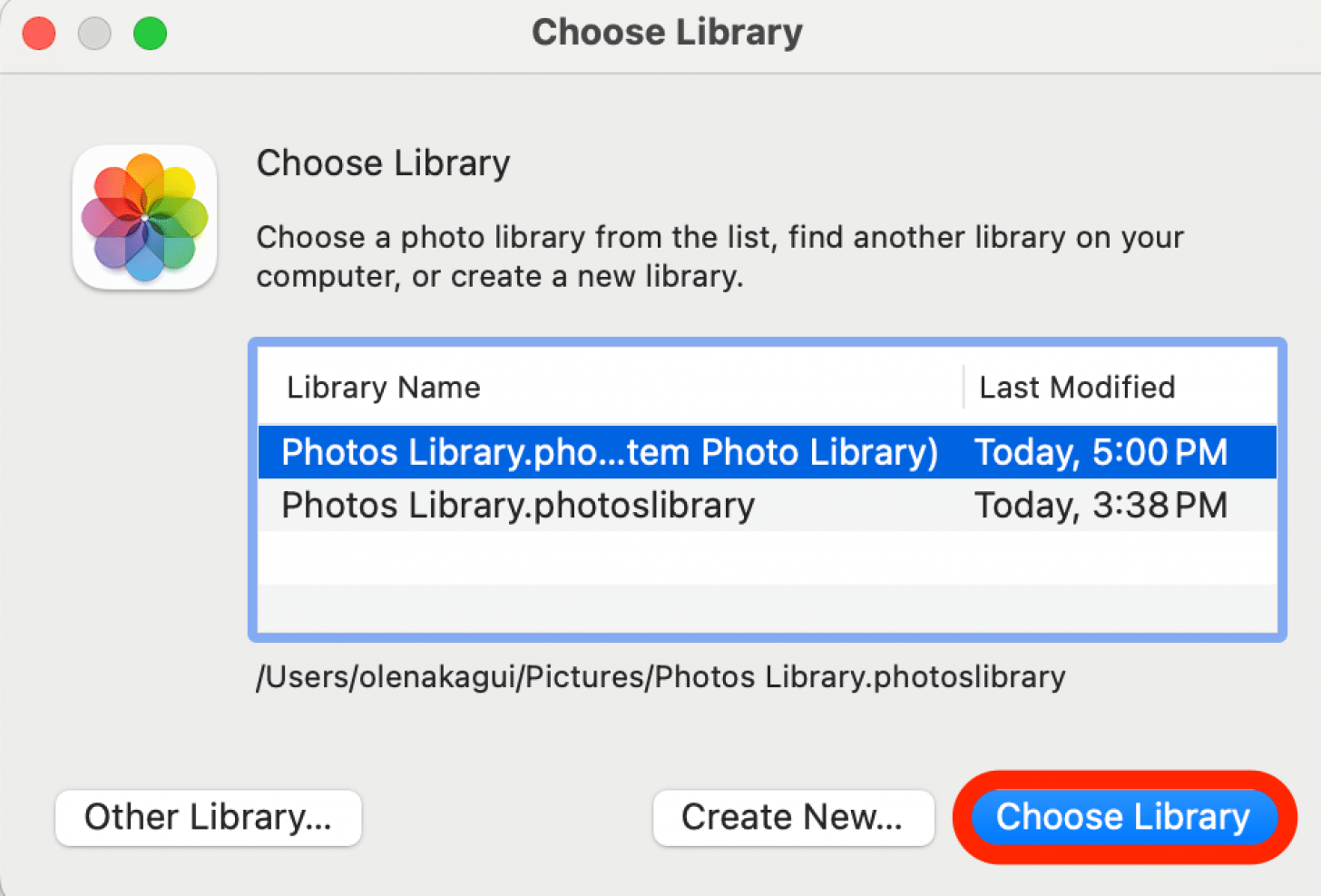 Haga clic en la biblioteca de fotos que desea transferir y luego haga clic en Elegir biblioteca.  Ahora puede mover la biblioteca que seleccionó al disco duro externo. 