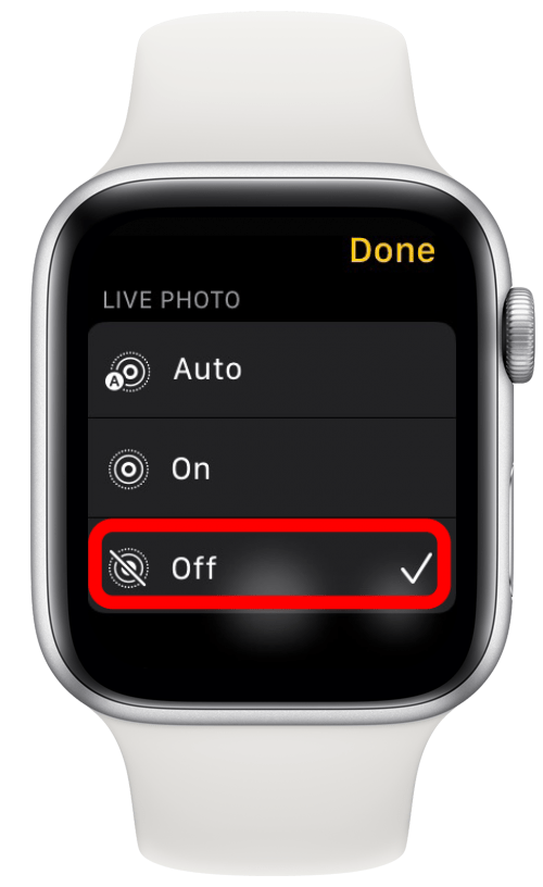Active, desactive o active la foto en vivo en la configuración de la aplicación Cámara del Apple Watch.
