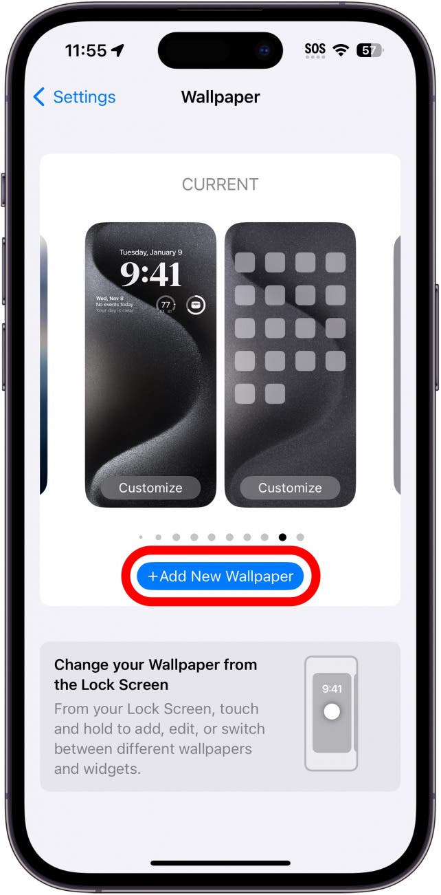 Configuración del fondo de pantalla del iPhone con el botón Agregar nuevo fondo de pantalla con un círculo rojo