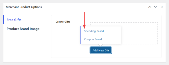 Una captura de pantalla de la sección Opciones de productos comerciales en la página de un producto WooCommerce, que muestra las opciones del módulo Obsequios gratuitos