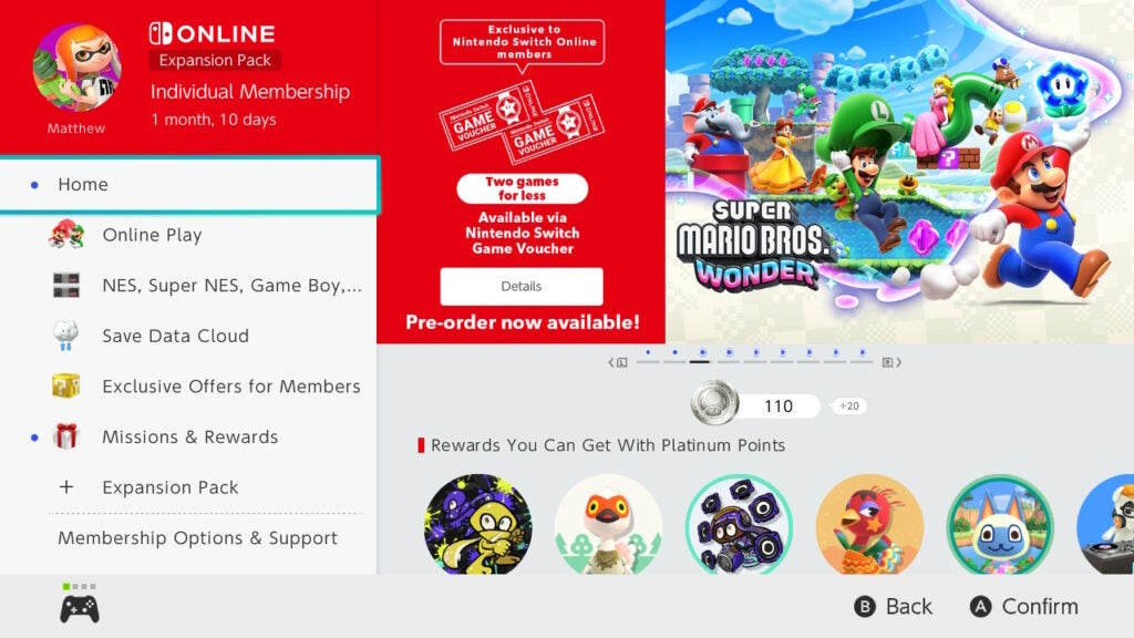 Captura de pantalla de la interfaz de usuario de Nintendo Switch Online + Paquete de expansión