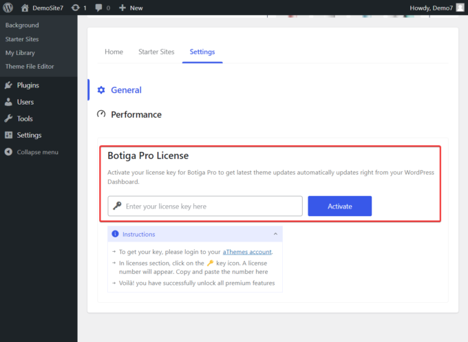 Ubicación de la opción Licencia Botiga Pro en el área de administración de WordPress