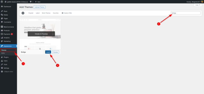 Captura de pantalla comentada que muestra cómo instalar el tema gratuito Botiga en el área de administración de WordPress