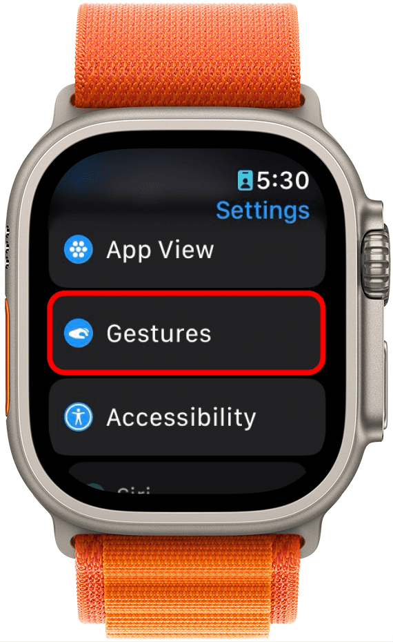 Aplicación de configuración del Apple Watch con gestos en un círculo rojo