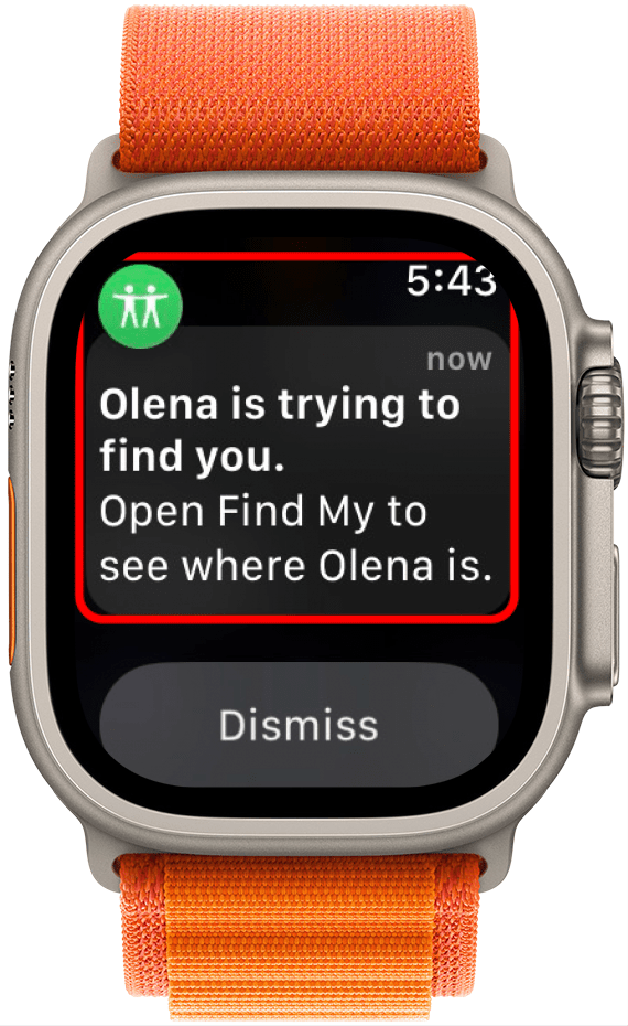 Notificación de Apple Watch que muestra un mensaje de que un amigo está intentando localizarte.