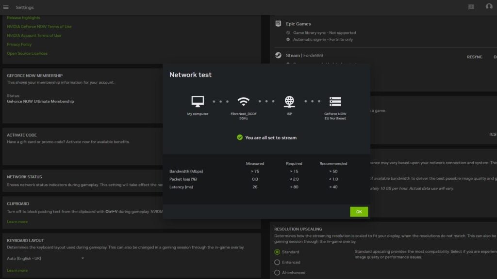 Captura de pantalla de prueba de red de Nvidia GeForce Now Ultimate