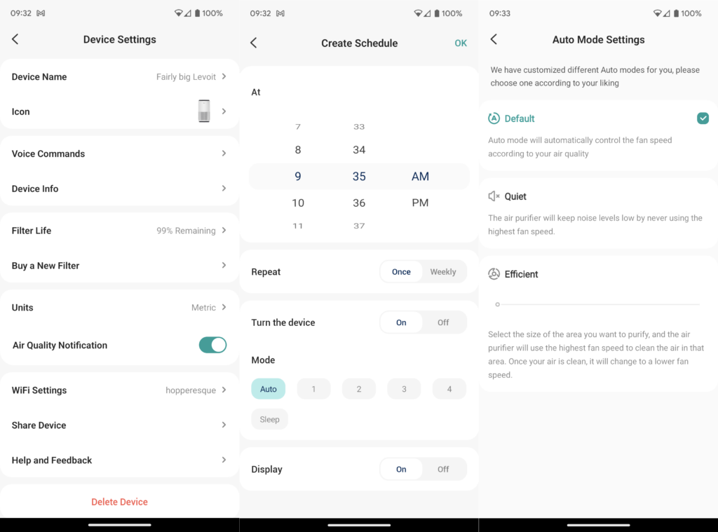 Captura de pantalla de Android de la aplicación VeSync, que muestra las opciones de configuración