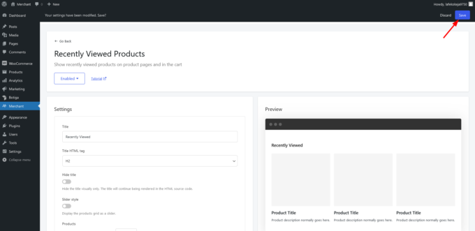 Botón Guardar en la página de administración del módulo Productos vistos recientemente de Merchant Pro