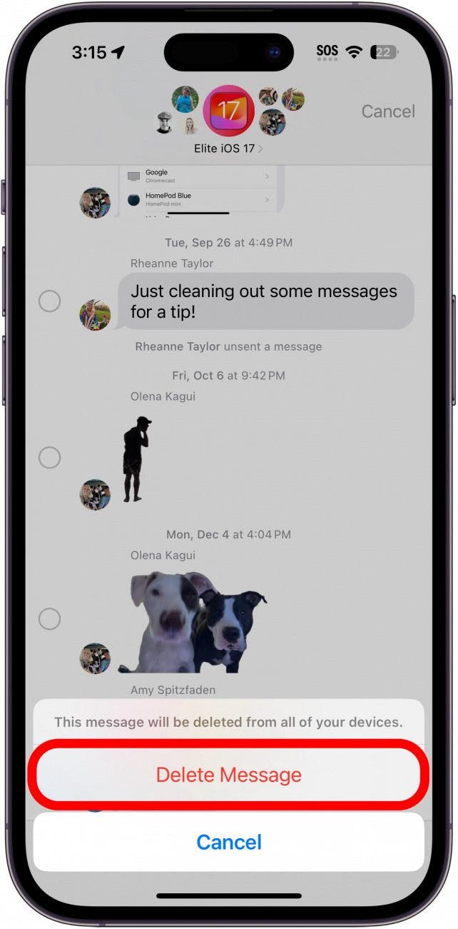 conversación de mensaje de iPhone con un círculo rojo alrededor del botón de eliminar mensaje