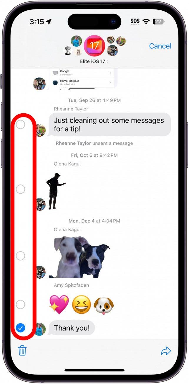 Conversación de mensaje de iPhone con un círculo rojo alrededor de burbujas de eliminación en el borde izquierdo de la pantalla.
