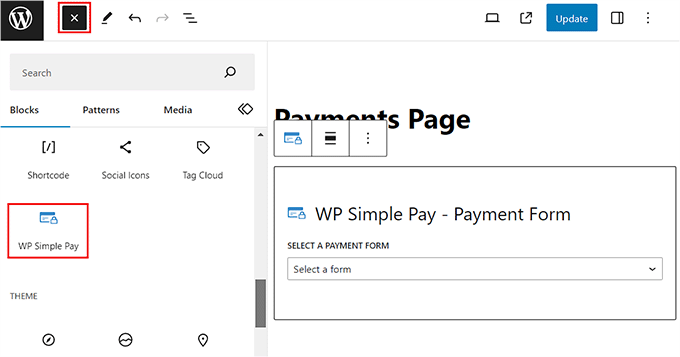 Agregue el bloque WP Simple Pay a la página o publicación
