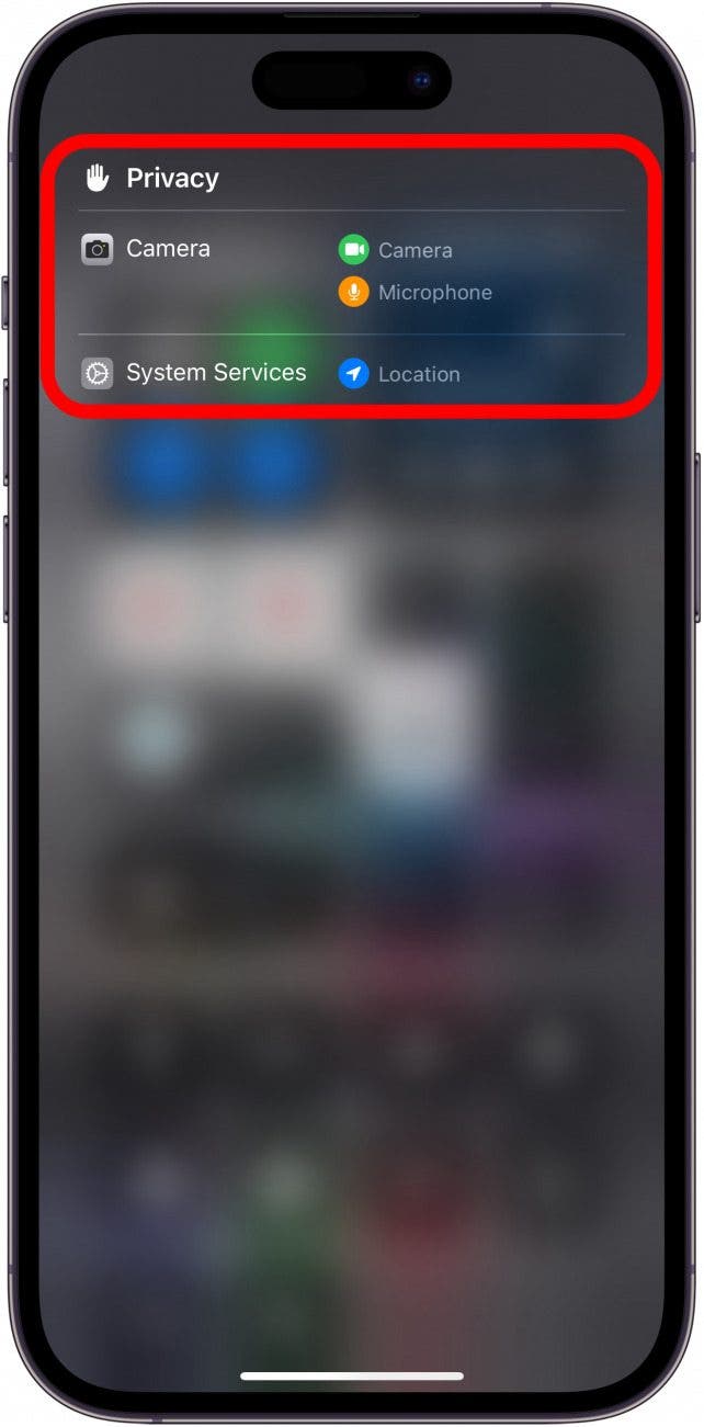 Centro de control de iPhone que muestra iconos de privacidad