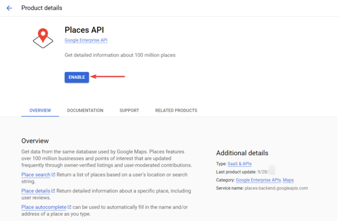 habilitar la API de Google Places