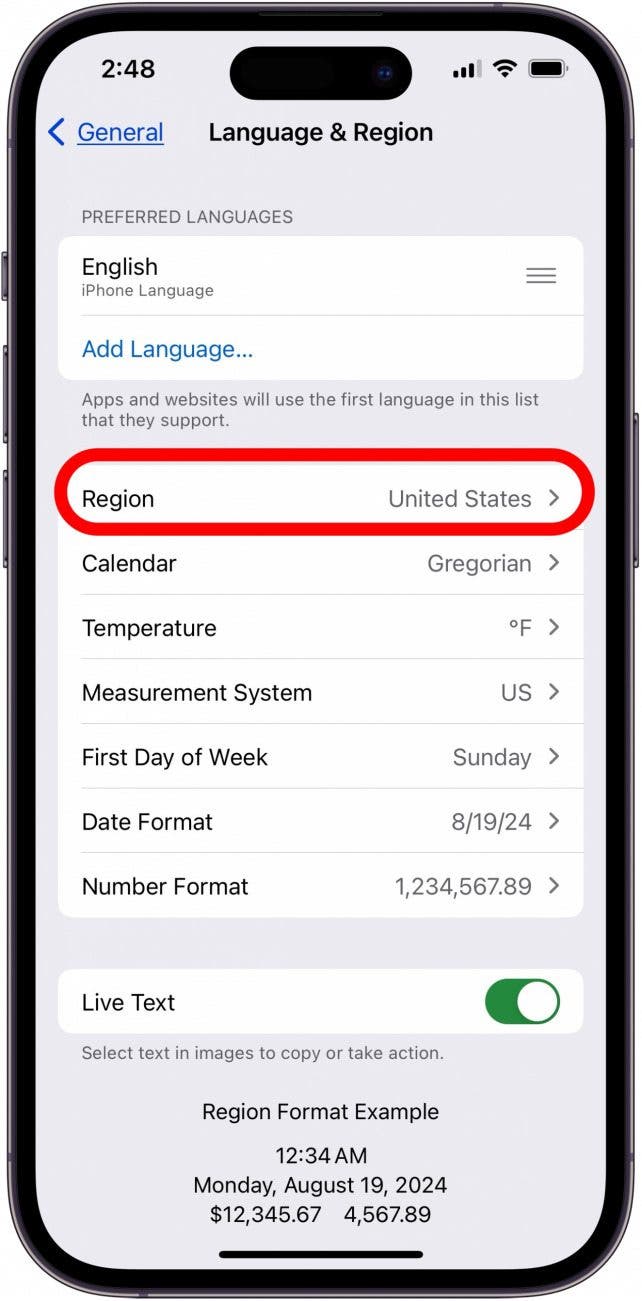 toque región en la configuración de idioma y región del iPhone