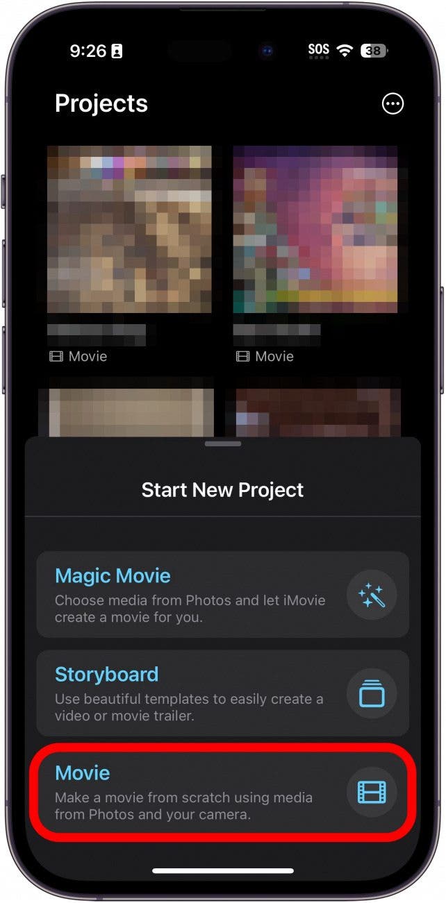 Aplicación Imovie para iPhone con opción de película con un círculo rojo