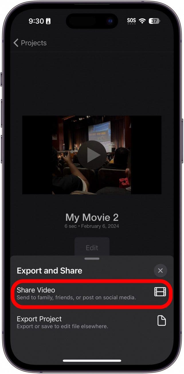 Pantalla del proyecto de exportación de la aplicación Imovie para iPhone con el botón para compartir vídeo con un círculo rojo