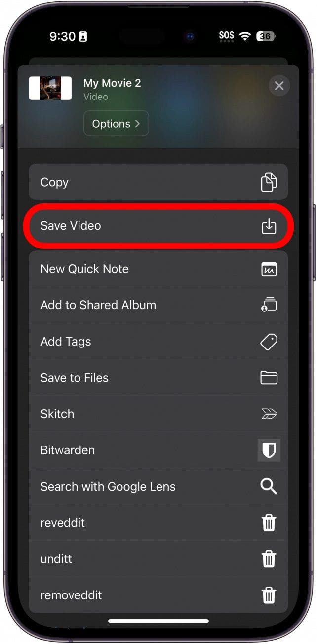 Pantalla del proyecto de exportación de la aplicación iPhone Imovie con el botón para guardar vídeo con un círculo rojo