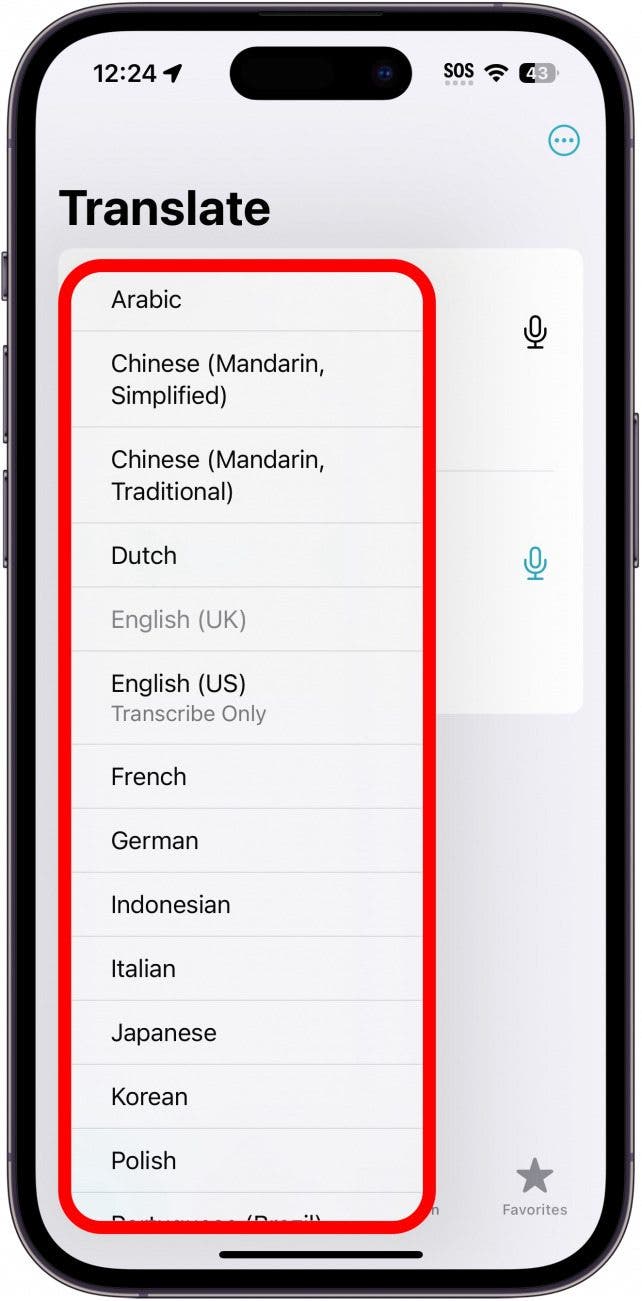 aplicación de traducción para iPhone con un cuadro rojo alrededor de la lista de idiomas