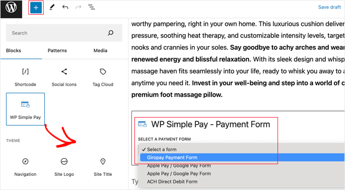 Agregar un bloque de pago simple de WP a una publicación o página existente