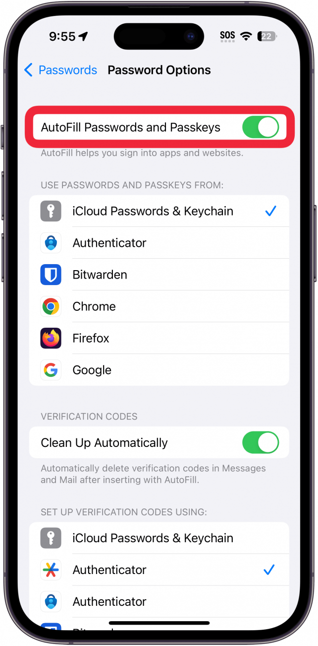 opciones de contraseña de iPhone con Autocompletar contraseñas y claves de acceso alternadas en un círculo rojo