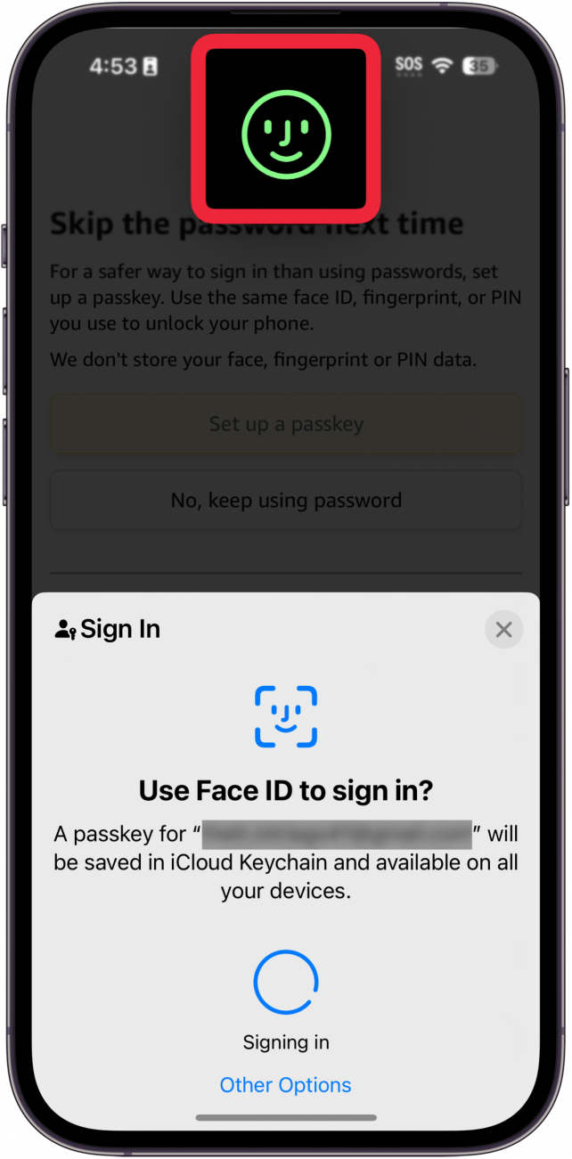 Ventana emergente de configuración de clave de acceso de iPhone con ventana de ID de rostro en un círculo rojo