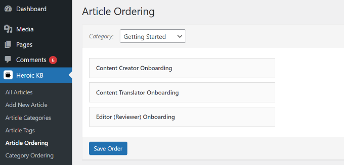 Editar la configuración de pedido de artículos
